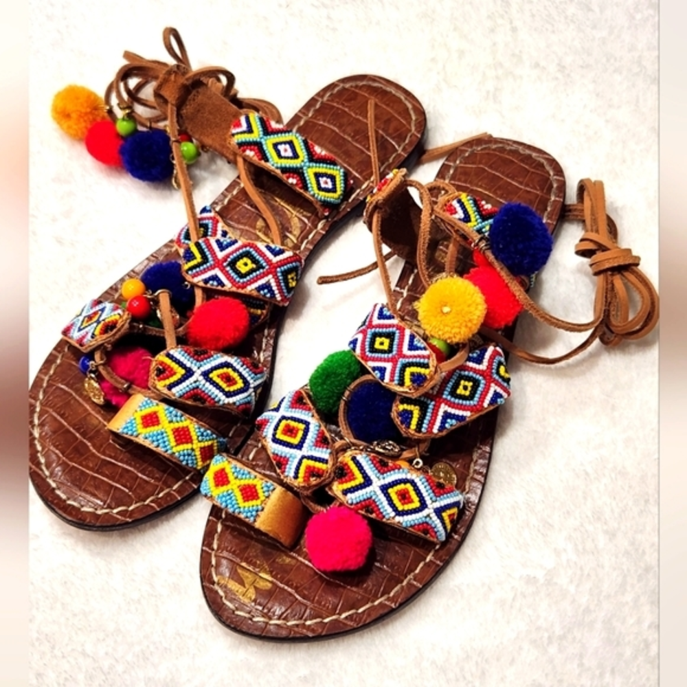 Sam Edelman Lisabeth Lace Up Beaded PomPom Colorful Summer Spring Sandal size 8‎